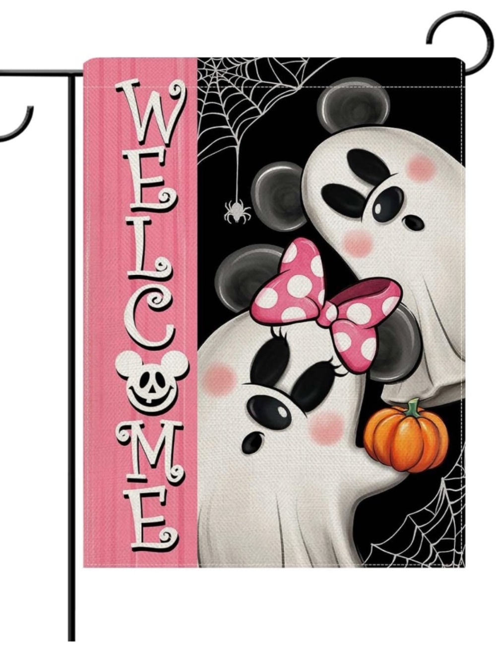 Welcome Ghost Minnie Halloween Garden Flag - Pink & Black